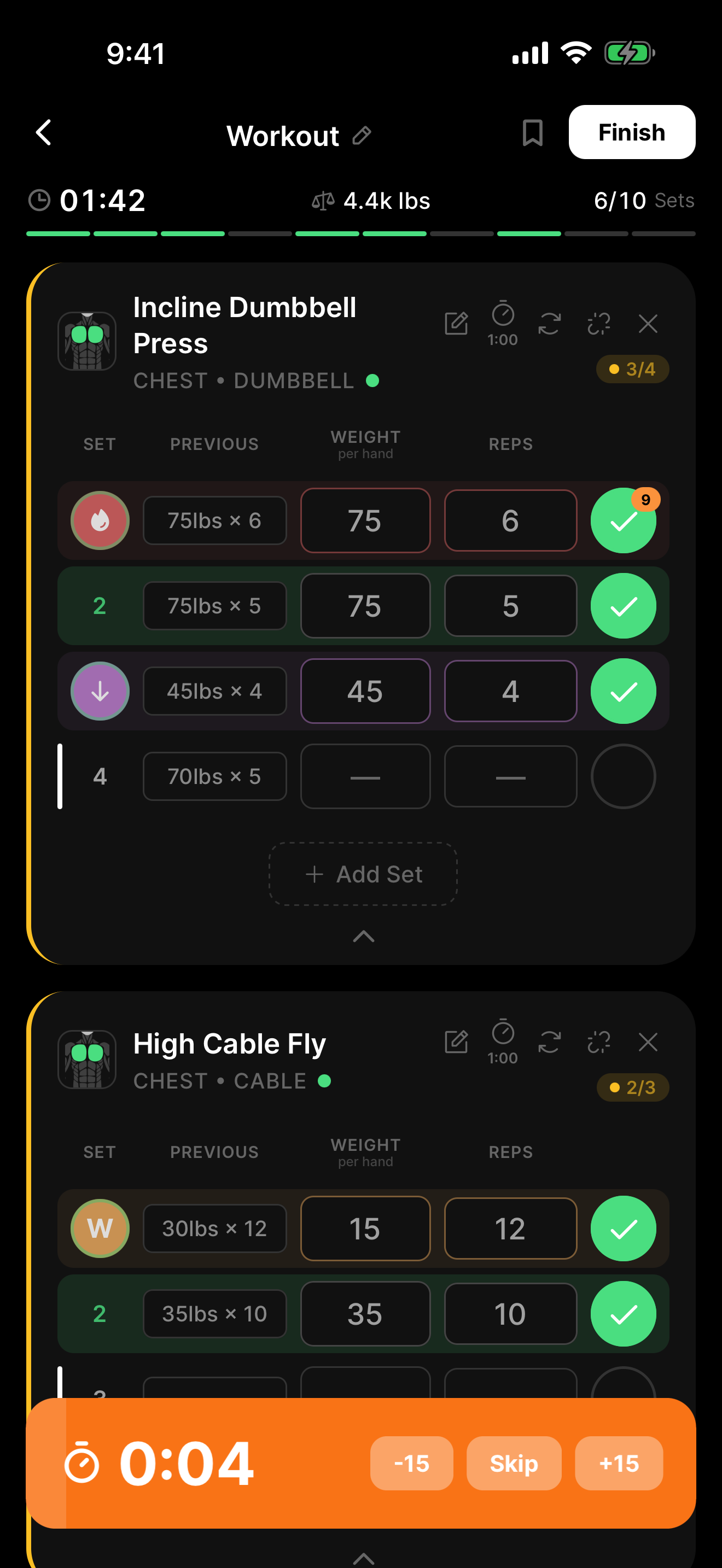 Active workout with rest timer and inline set logging